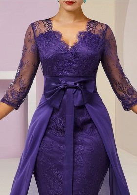 3/4 Sleeves Purple Floral Lace Slim Patchwork Dress  Wedding Guest Dress_3