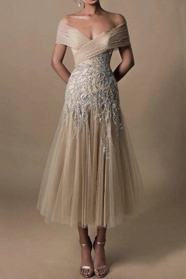 Off-the-Shoulder Tulle Ankle Length Wedding Dress with Beadings Appliques