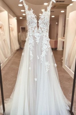 White A-line Wedding Dresses Crew Neck Sleeveless Lace Appliques Bridal Dress