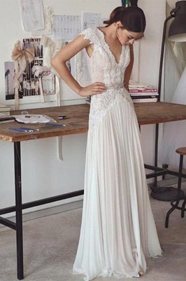 Long Elegant Cap-Sleeve Lace Crystal Lace Wedding Dress_2