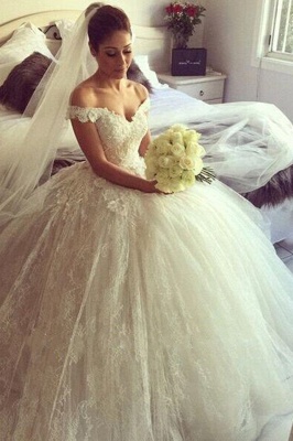 Gorgeous Off-the-Shoulder Ball Gown Wedding Dress Tulle Lace Appliques_1