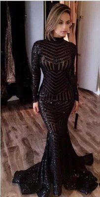 Sequined Black Mermaid High-Neck Elegant Long-Sleeves Prom Dress UK jj0085_2