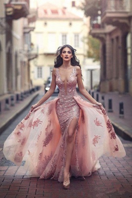 V-neck Slit Lace Amazing Front Tulle Pink Overskirt Appliques Evening Dress UK JJ0156_2