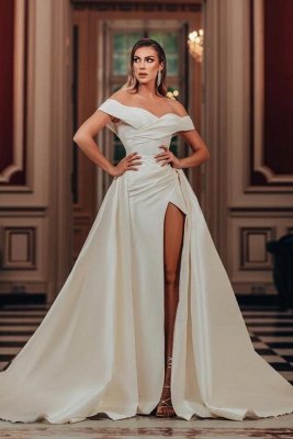 Off-the-Shoulder Satin Long Front Slit Wedding Dress