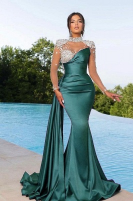 Luxury High Neck Crystals Satin Mermaid Prom Dress with Sleeves