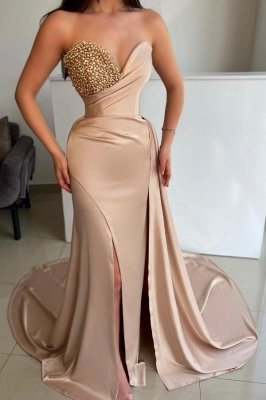 Strapless V-Neck Satin Pearls Long Prom Dress with Train