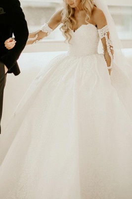 Modest Sweetheart Tulle Lace Princess Wedding Dress Chapel Trian Dress_5