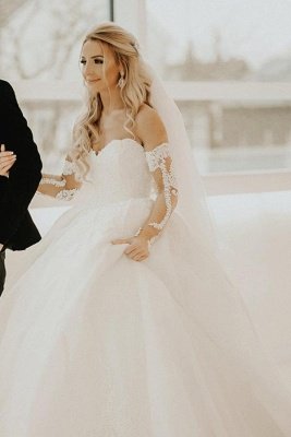 Modest Sweetheart Tulle Lace Princess Wedding Dress Chapel Trian Dress_2