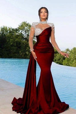Luxury Long Sleeves Crystals Satin Mermaid Prom Dress High Neck Party Dress