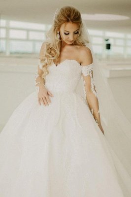 Modest Sweetheart Tulle Lace Princess Wedding Dress Chapel Trian Dress_1