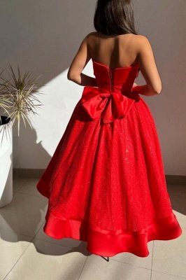 Strapless Red Glitter Satin Ankle Length Party Dress with Bowknot_2