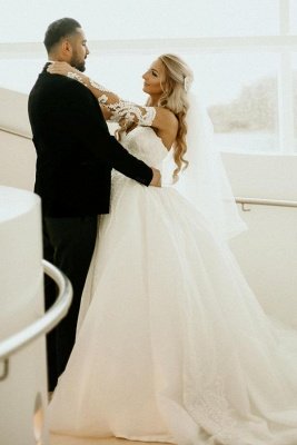 Modest Sweetheart Tulle Lace Princess Wedding Dress Chapel Trian Dress_4