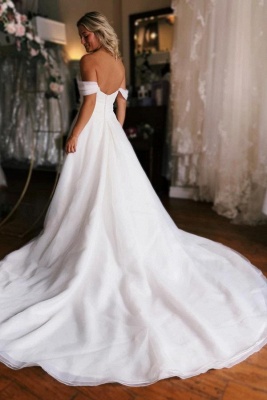 Off-the-Shoulder White Tulle Side Slit Wedding Dress_4