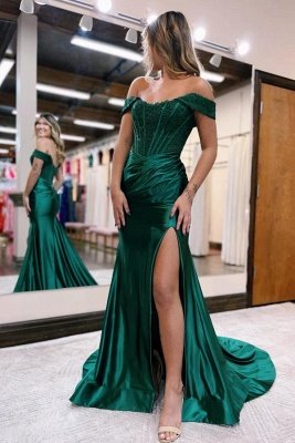 Charming Off-the-Shoulder Satin Front Slit Prom Dress_3