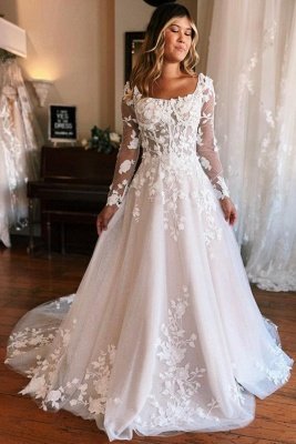 Elegant Long Sleeves Tulle A-line Wedding Dress with Floral Lace_1