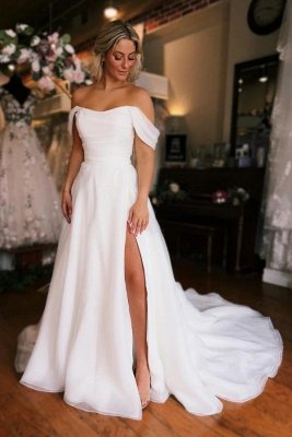 Off-the-Shoulder White Tulle Side Slit Wedding Dress_1