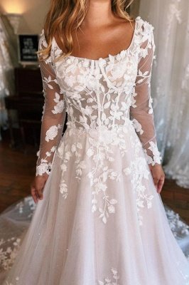 Elegant Long Sleeves Tulle A-line Wedding Dress with Floral Lace_2