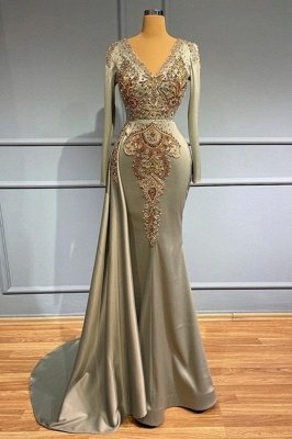 Luxury Long Sleeves Satin Mermaid Evening Gown Gold Beading Appliques Party Dress with Sweep Train_1