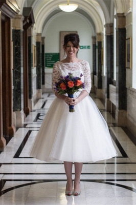 Zipper Fashion Designer Lace Tea-Length Tulle Wedding Dress_1