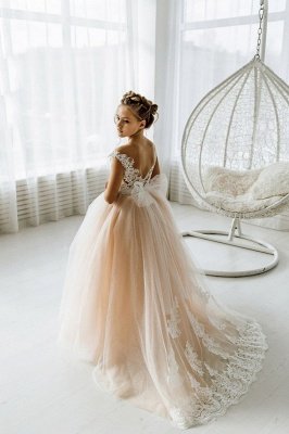 Tulle Lace Wedding Flower Girl Dress White Appliques Sleeveless Formal Party Dress for Kids