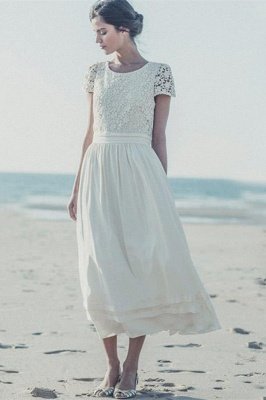 White Jewel Lace A-line Wedding Dress Cap Sleeve Tea Length Bridal Dress_1