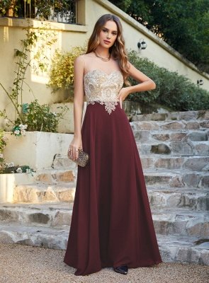 Elegant Jewel Neck Chiffon Formal Dress Floor Length A-line Lace Appliques Bridesmaid Dresses_2