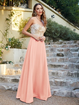 Elegant Jewel Neck Chiffon Formal Dress Floor Length A-line Lace Appliques Bridesmaid Dresses_8