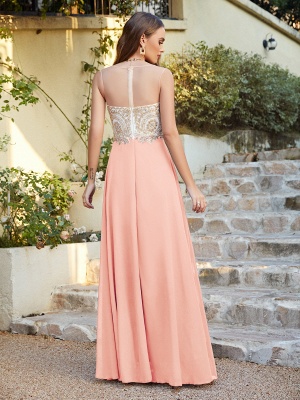 Elegant Jewel Neck Chiffon Formal Dress Floor Length A-line Lace Appliques Bridesmaid Dresses_32