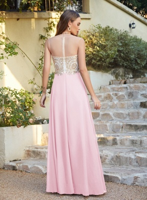 Elegant Jewel Neck Chiffon Formal Dress Floor Length A-line Lace Appliques Bridesmaid Dresses_15