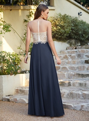 Elegant Jewel Neck Chiffon Formal Dress Floor Length A-line Lace Appliques Bridesmaid Dresses_11