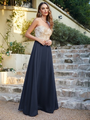 Elegant Jewel Neck Chiffon Formal Dress Floor Length A-line Lace Appliques Bridesmaid Dresses_3