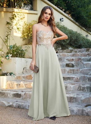 Elegant Jewel Neck Chiffon Formal Dress Floor Length A-line Lace Appliques Bridesmaid Dresses_18