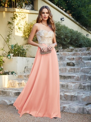Elegant Jewel Neck Chiffon Formal Dress Floor Length A-line Lace Appliques Bridesmaid Dresses_30