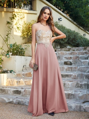 Elegant Jewel Neck Chiffon Formal Dress Floor Length A-line Lace Appliques Bridesmaid Dresses_1