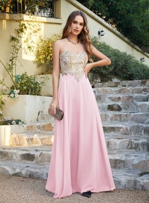Elegant Jewel Neck Chiffon Formal Dress Floor Length A-line Lace Appliques Bridesmaid Dresses_14