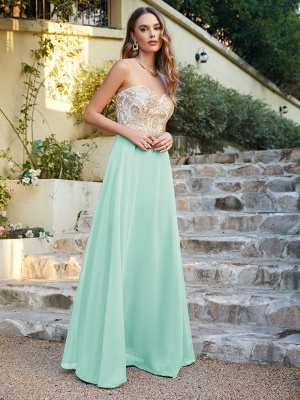 Elegant Jewel Neck Chiffon Formal Dress Floor Length A-line Lace Appliques Bridesmaid Dresses_24