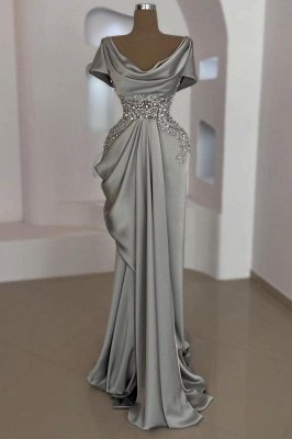 Silver Satin Floor Length Evening Dress Scoop Neck Ruffle Crystals Mermaid Formal Dress