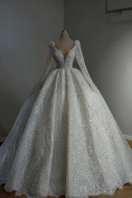Gorgeous Long Sleeves Bridal Dress Glitter Sequins V-Neck A-line Wedding Dress