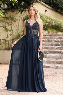 Stunning Spaghetti Straps Tulle Lace Simple Evening Dress Sleeveless A-line Appliques Formal Dress Floor Length