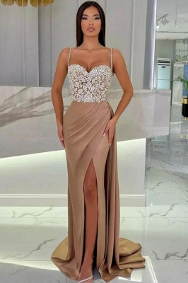 Charming Sweetheart Crystals Mermaid Prom Dress Sleeveless Satin Side Slit Party Dress with Straps_5