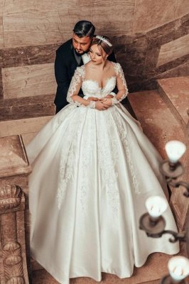 Glamorous White Satin Bridal Dress with Sleeves Lace Appliques Wedding Dress