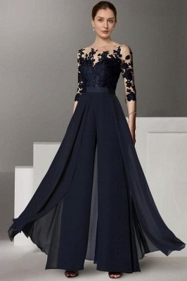 Elegant 3/4 Sleeves Navy Chiffon Wedding Guest Dress Floral Lace Mother of the Bride Dress
