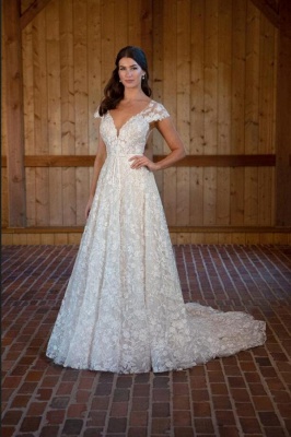 Modest Aline Wedding Dress with Floral Lace Appliques Cap Sleeves V-Neck Bridal Dress