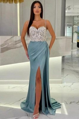 Charming Sweetheart Crystals Mermaid Prom Dress Sleeveless Satin Side Slit Party Dress with Straps_8