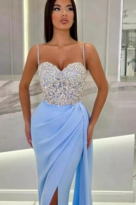 Charming Sweetheart Crystals Mermaid Prom Dress Sleeveless Satin Side Slit Party Dress with Straps_2