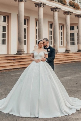 Elegant Off-the-Shoulder White Aline Bridal Dress with Lace Appliques