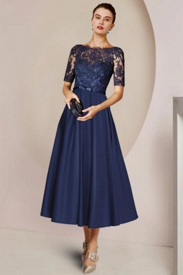Navy Blue mother of the bride dresses Ankle Length | Lace Wedding Formal Dresses with Half Sleeves
