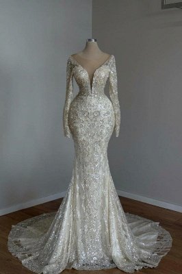 Gorgeous V-Neck Glitter Sequins Mermaid Wedding Dresses with Sleeves