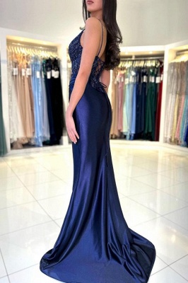 Charming V-Neck Simple Mermaid Prom Dress Spaghetti Straps Satin Bodycon Party Dress with Front Slit_2