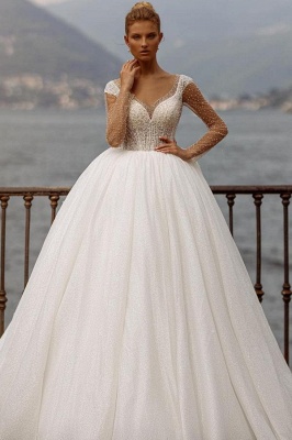 Gorgeous V-Neck Ball Gown with Long Sleeves Glitter Crystals A-line Wedding Dresses
